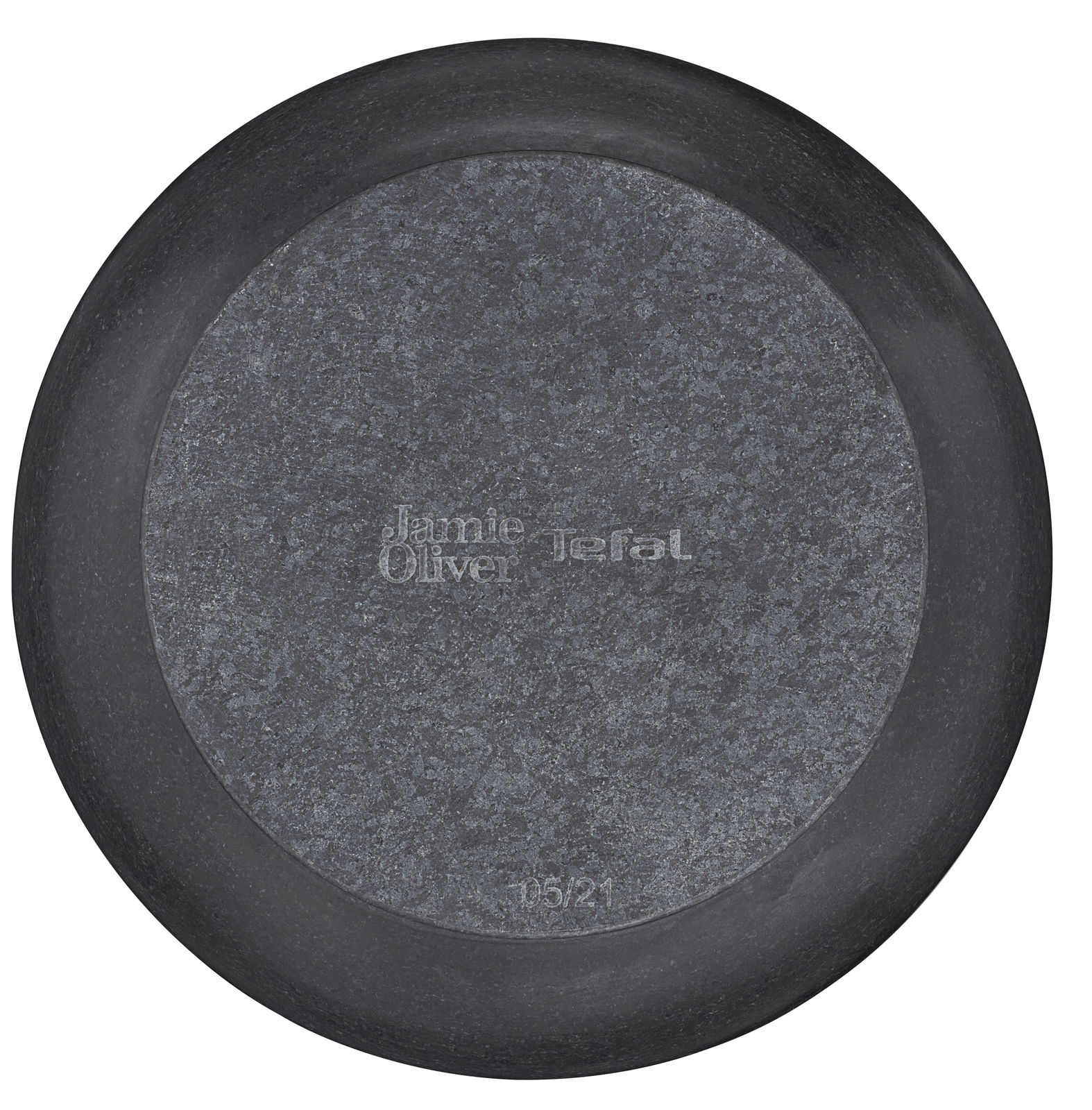 Ansicht von unten eines grauen Mörsers mit der Aufschrift 'Jamie Oliver Tefal'.