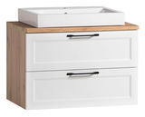 Waschtisch-Set mit weißem Waschbecken und Holzunterschrank, Frontansicht