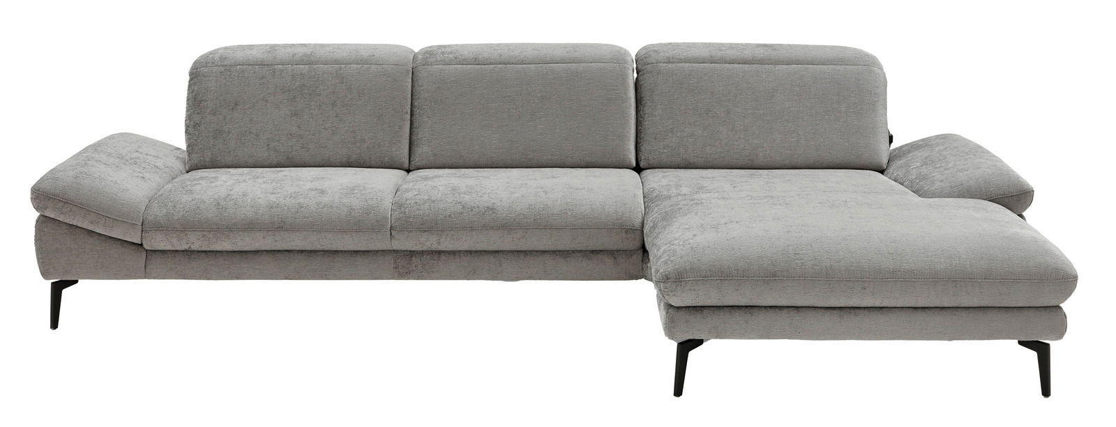 Graue Longchairkombination mit drei Sitzplätzen und schwarzem Metallgestell, Frontalansicht