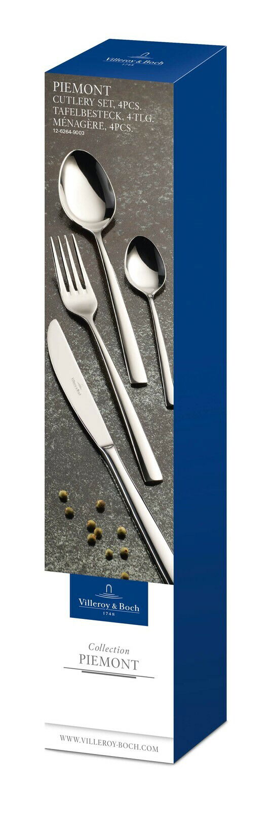 Villeroy & Boch Tafelbesteck 4-teilig Piemont, bestehend aus Messer, Gabel, Esslöffel und Teelöffel, in eleganter Verpackung, seitliche Perspektive