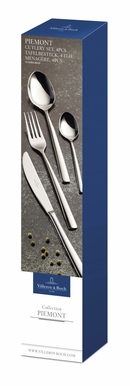 Villeroy & Boch Tafelbesteck 4-teilig Piemont, bestehend aus Messer, Gabel, Esslöffel und Teelöffel, in eleganter Verpackung, seitliche Perspektive
