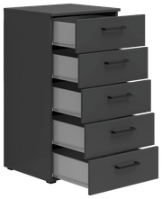 Schwarze Kommode mit fünf offenen Schubladen, seitliche Perspektive