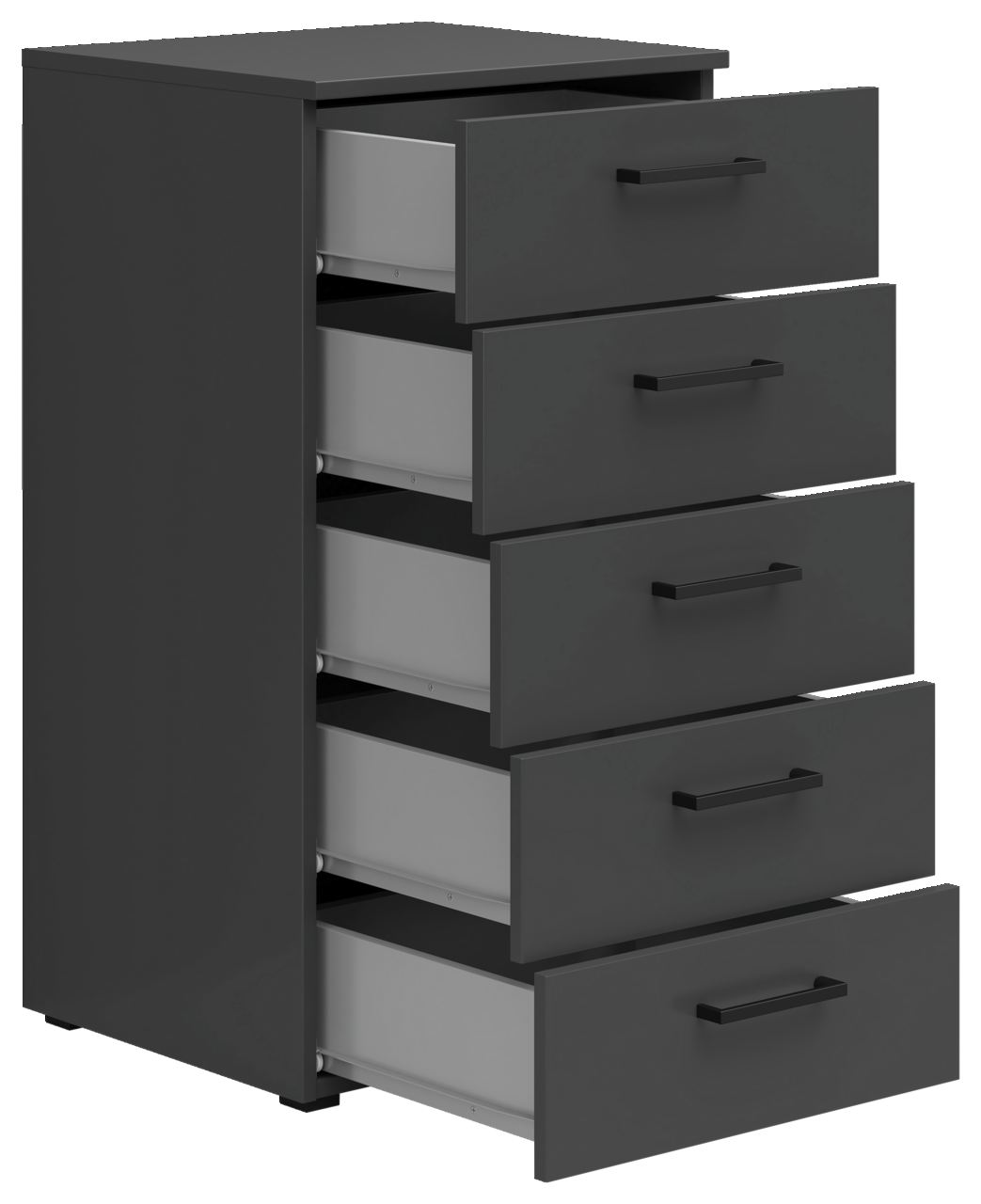 Schwarze Kommode mit fünf offenen Schubladen, seitliche Perspektive