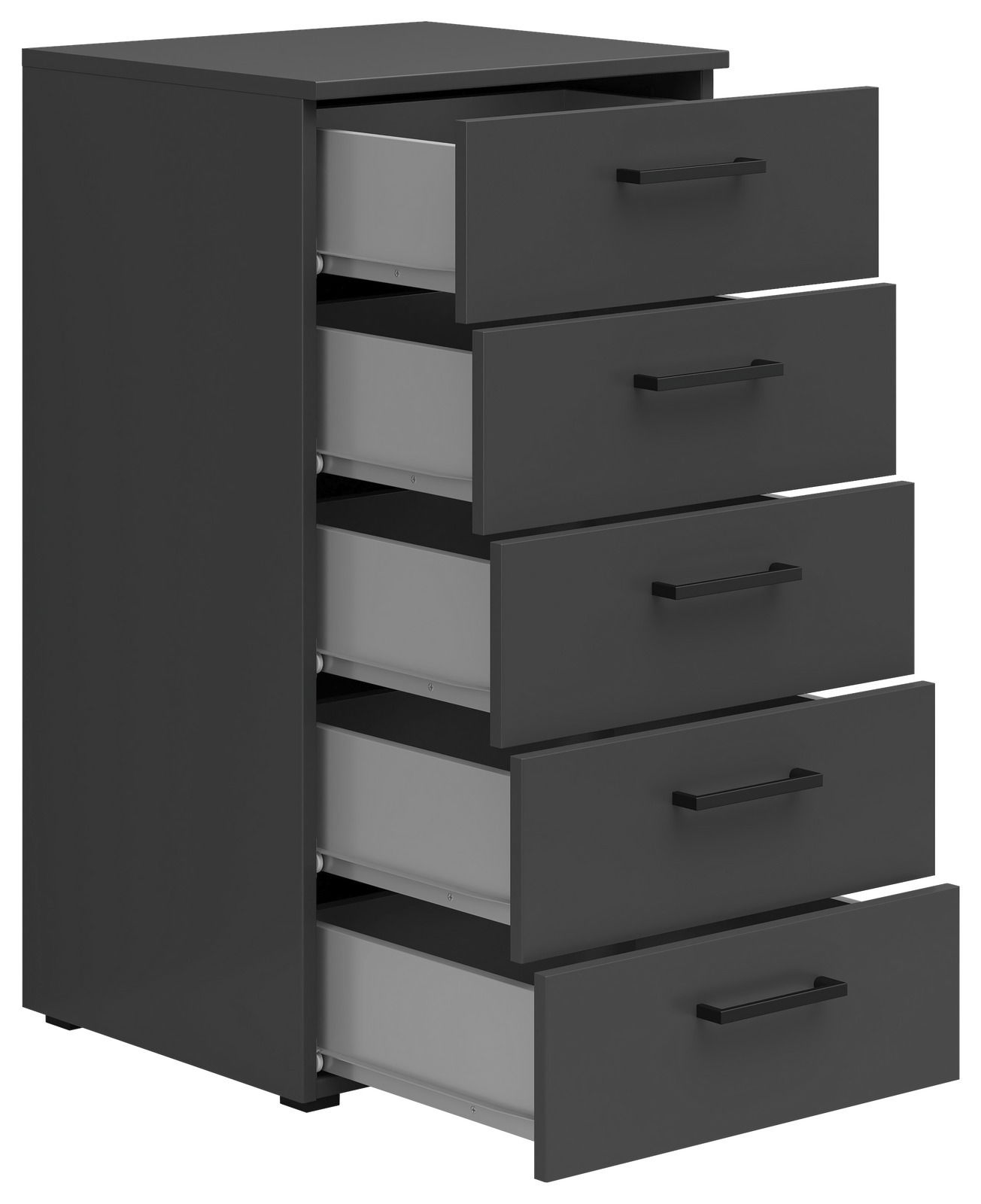 Schwarze Kommode mit fünf offenen Schubladen, seitliche Perspektive