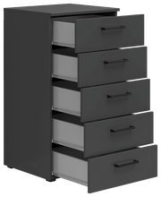 Schwarze Kommode mit fünf offenen Schubladen, seitliche Perspektive