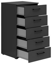 Schwarze Kommode mit fünf offenen Schubladen, seitliche Perspektive