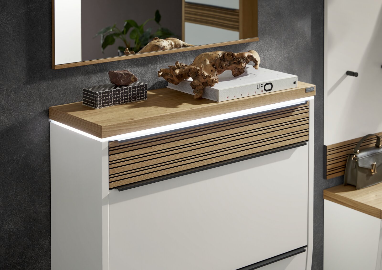 Dieter Knoll Hängeschuhschrank LED ARCO NOVA Moderner Hängeschuhschrank mit LED-Beleuchtung, Holz- und Weißakzenten, seitliche Perspektive