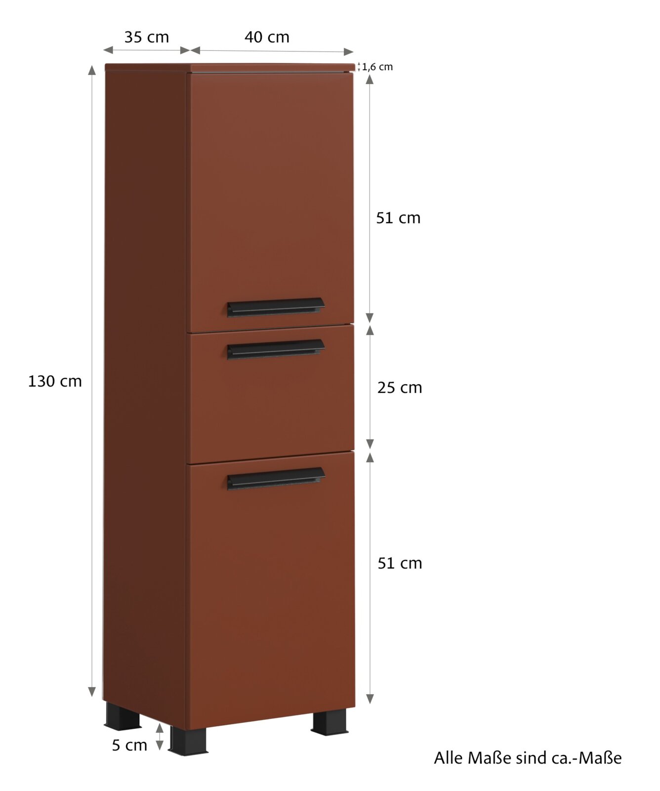 Midi-kast in roodbruine kleur met drie lades, vooraanzicht, afmetingen: 130 cm hoog, 40 cm breed, 35 cm diep.