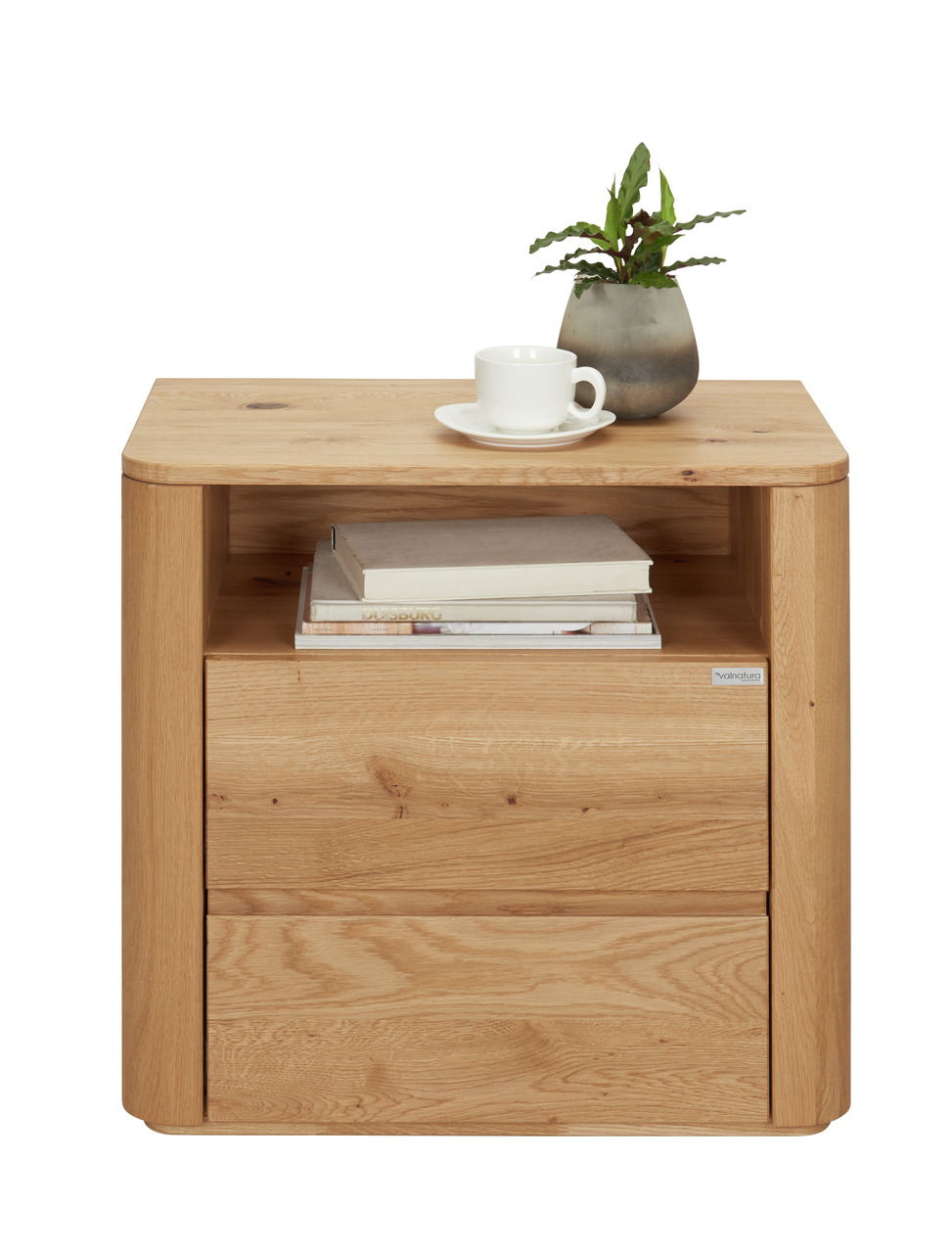 Nachtkonsole aus Holz mit zwei Schubladen, darauf eine Tasse und eine Pflanze, frontale Ansicht