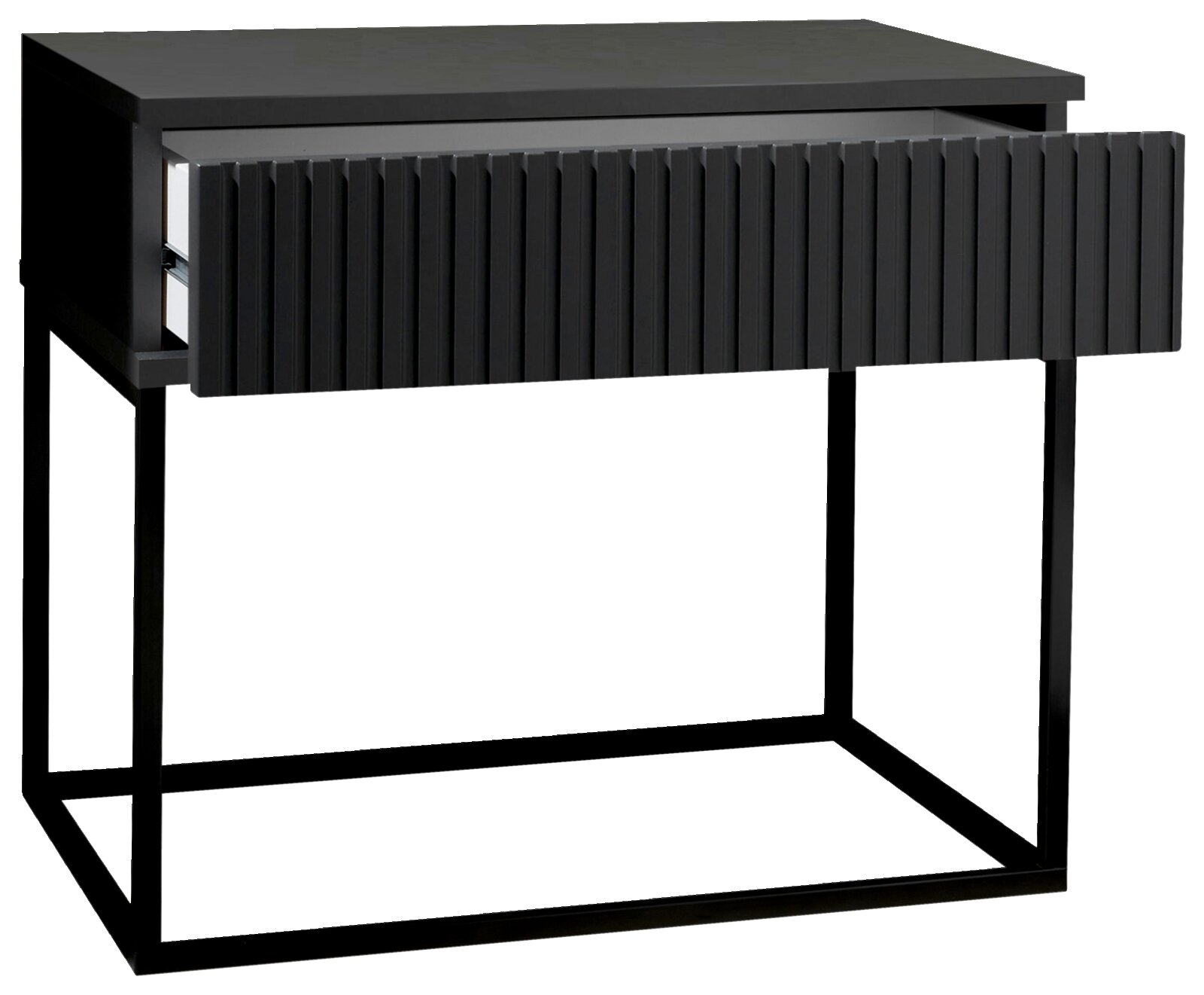 Moderne schwarze Nachtkommode mit geriffelter Front und offenem Schubladendesign, seitliche Perspektive
