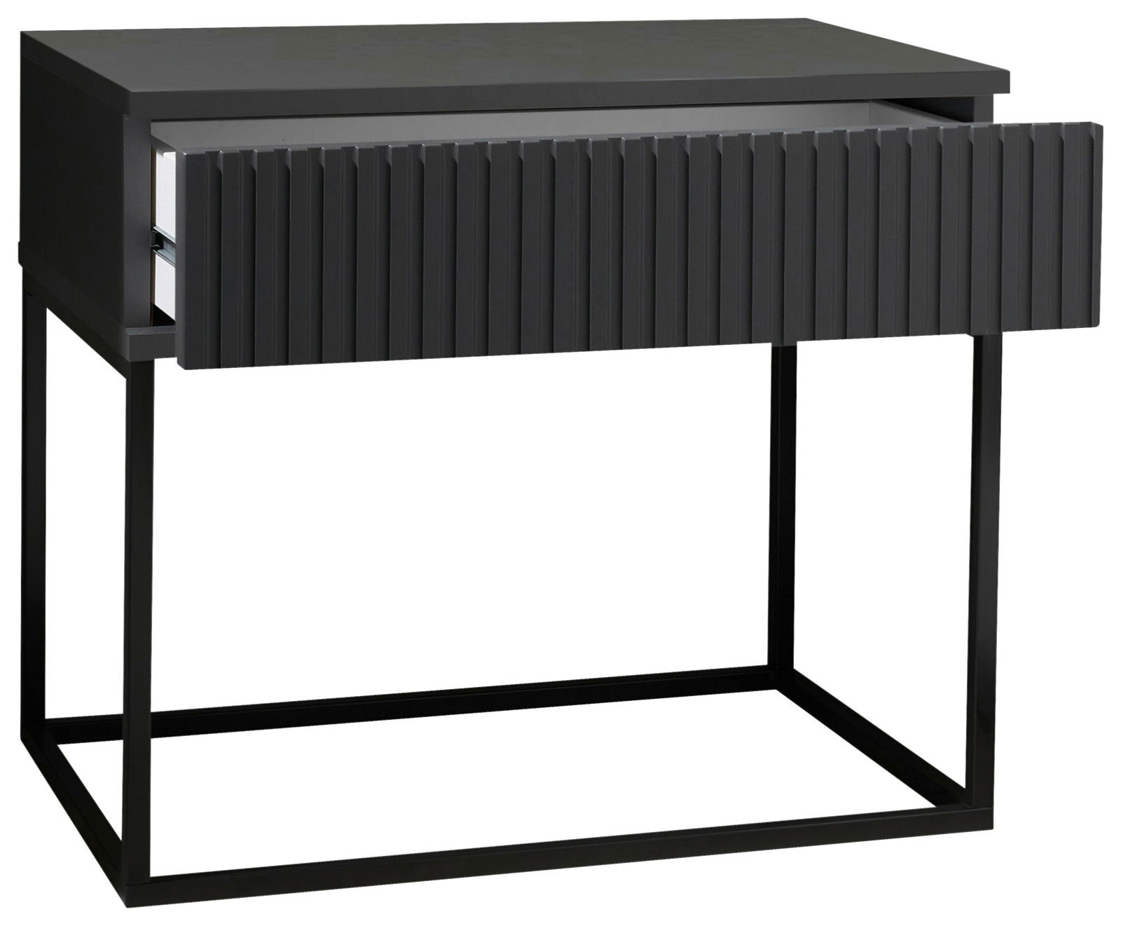 Moderne schwarze Nachtkommode mit geriffelter Front und offenem Schubladendesign, seitliche Perspektive