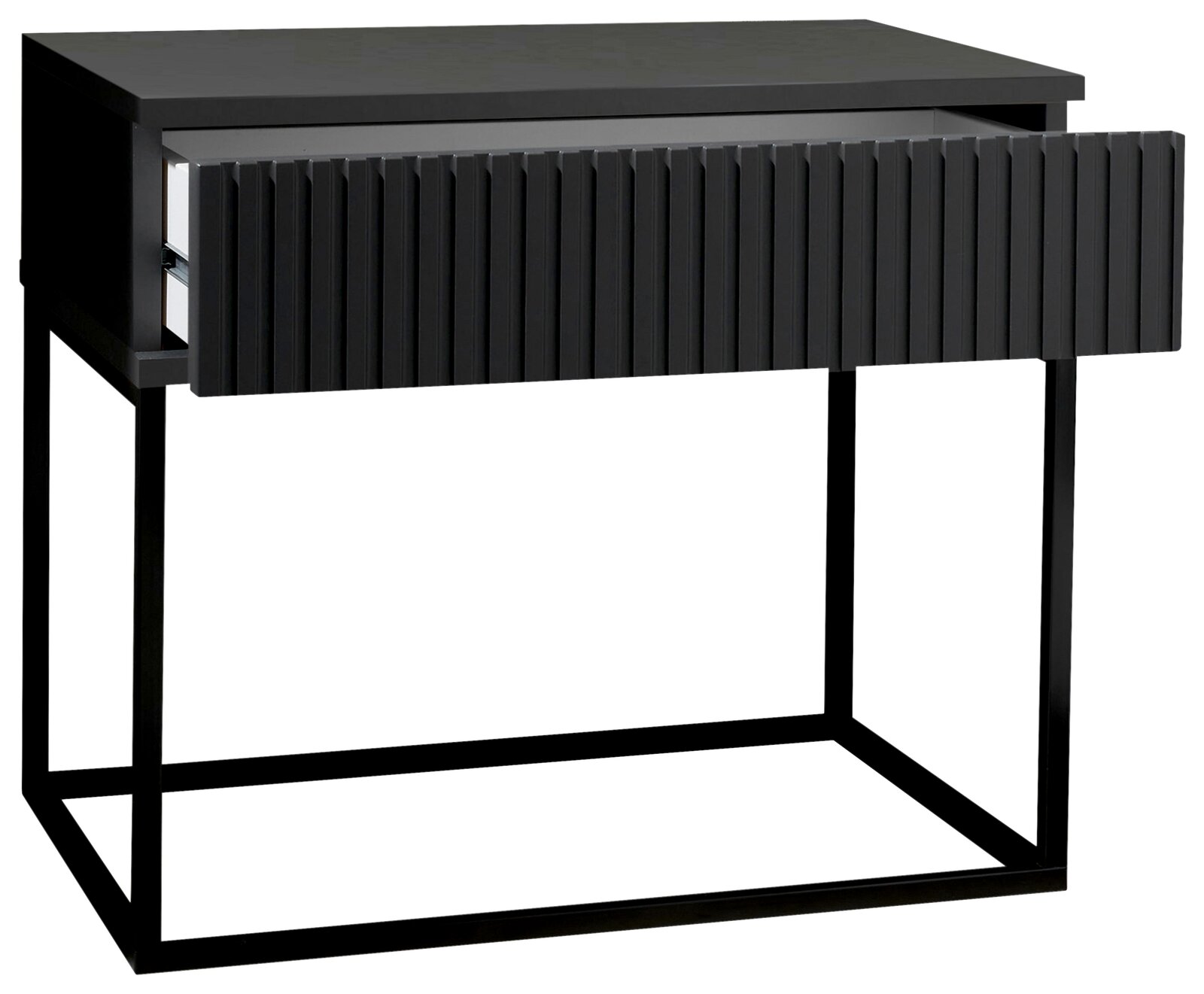 Moderne schwarze Nachtkommode mit geriffelter Front und offenem Schubladendesign, seitliche Perspektive