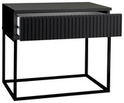 Moderne schwarze Nachtkommode mit geriffelter Front und offenem Schubladendesign, seitliche Perspektive