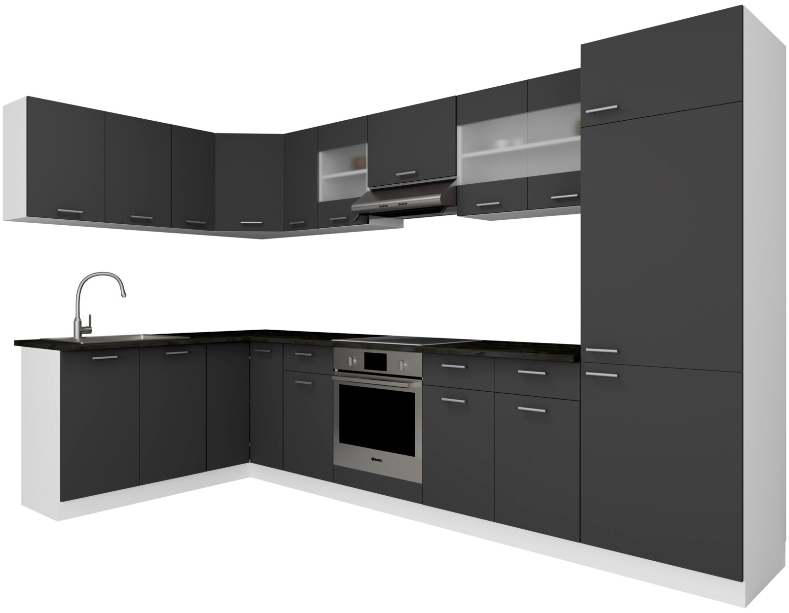 Moderne L-förmige Einbauküche in Anthrazit mit Ober- und Unterschränken, Spüle, Backofen und Dunstabzugshaube, Ansicht schräg von vorn