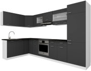 Moderne L-förmige Einbauküche in Anthrazit mit Ober- und Unterschränken, Spüle, Backofen und Dunstabzugshaube, Ansicht schräg von vorn