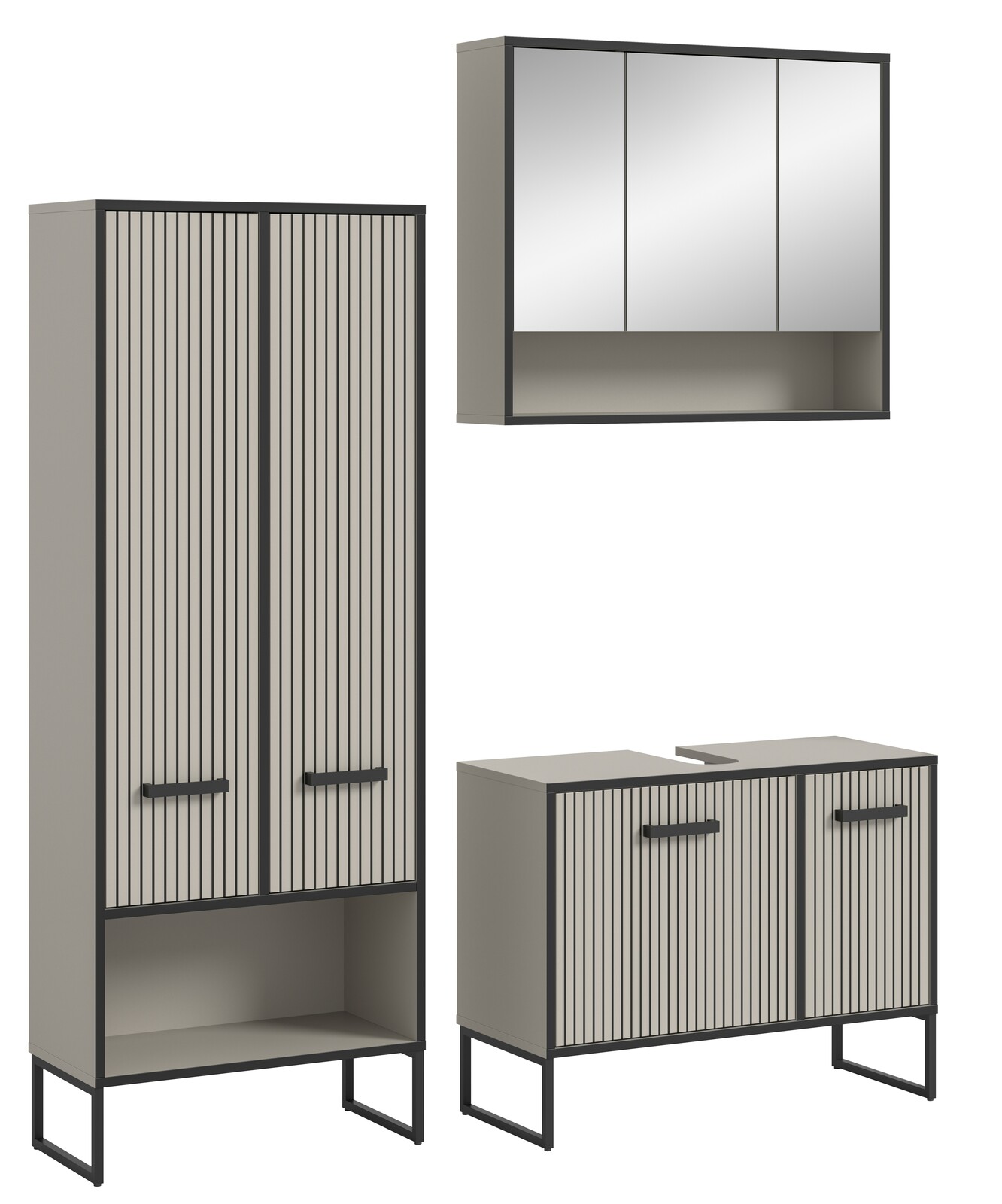 MID.YOU Badkombination BAGNO Moderne Badkombination mit vertikalen Streifen, bestehend aus einem hohen Schrank, einem Spiegelschrank und einem Unterschrank, aus seitlicher Perspektive.