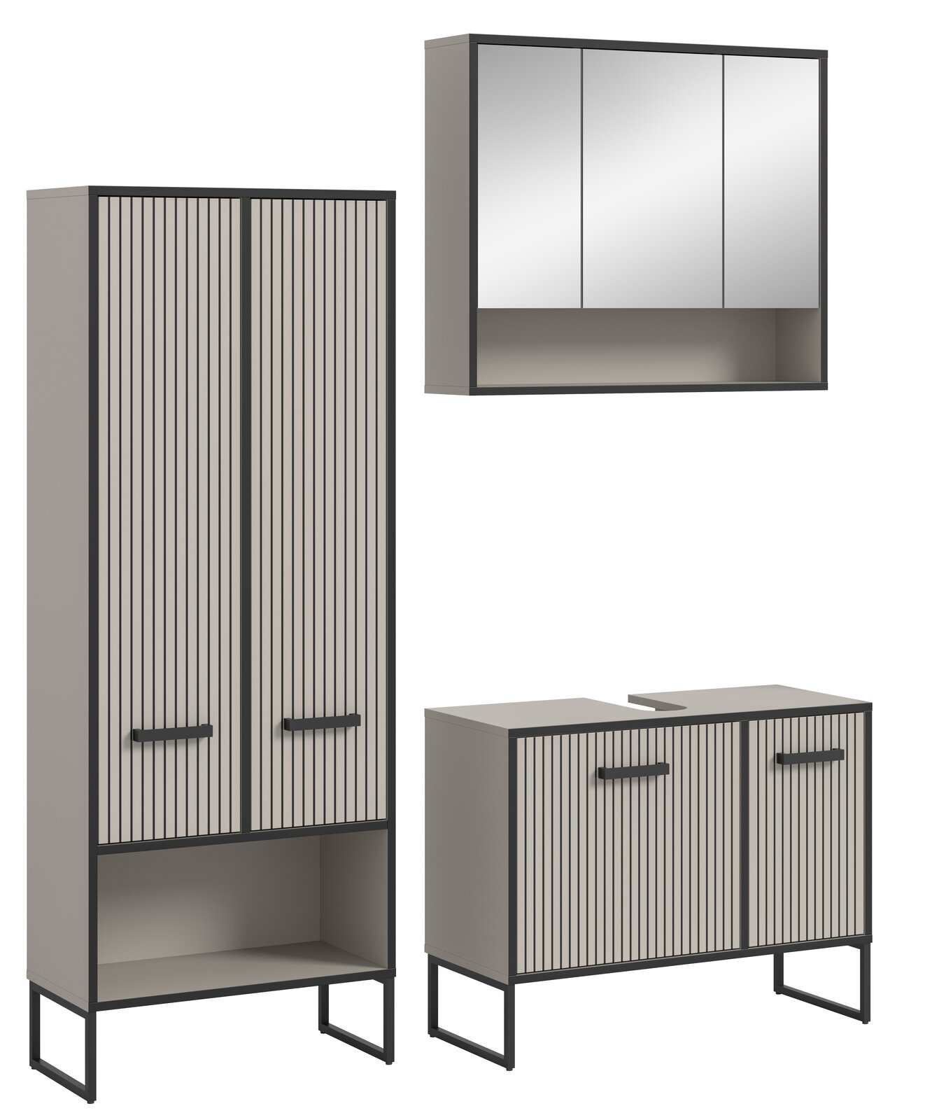 Moderne Badkombination mit vertikalen Streifen, bestehend aus einem hohen Schrank, einem Spiegelschrank und einem Unterschrank, aus seitlicher Perspektive.
