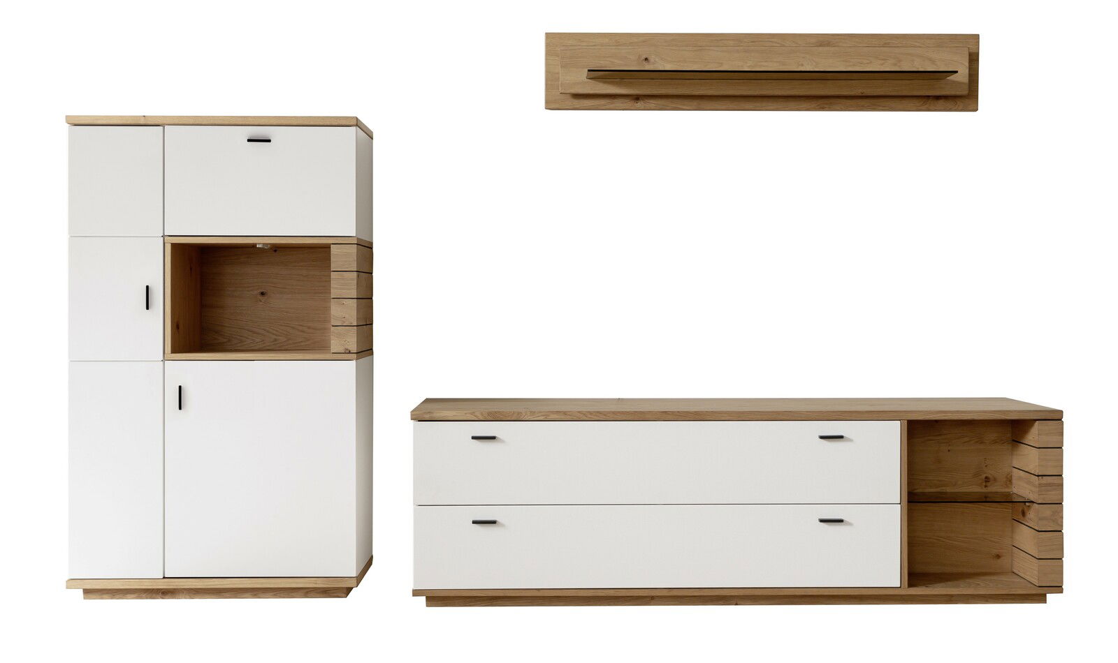 Moderne Wandkombination aus Holz und weißen Elementen, bestehend aus einem hohen Schrank, einem niedrigen TV-Board und einem Wandregal, frontal abgebildet.