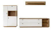 Moderne Wandkombination aus Holz und weißen Elementen, bestehend aus einem hohen Schrank, einem niedrigen TV-Board und einem Wandregal, frontal abgebildet.