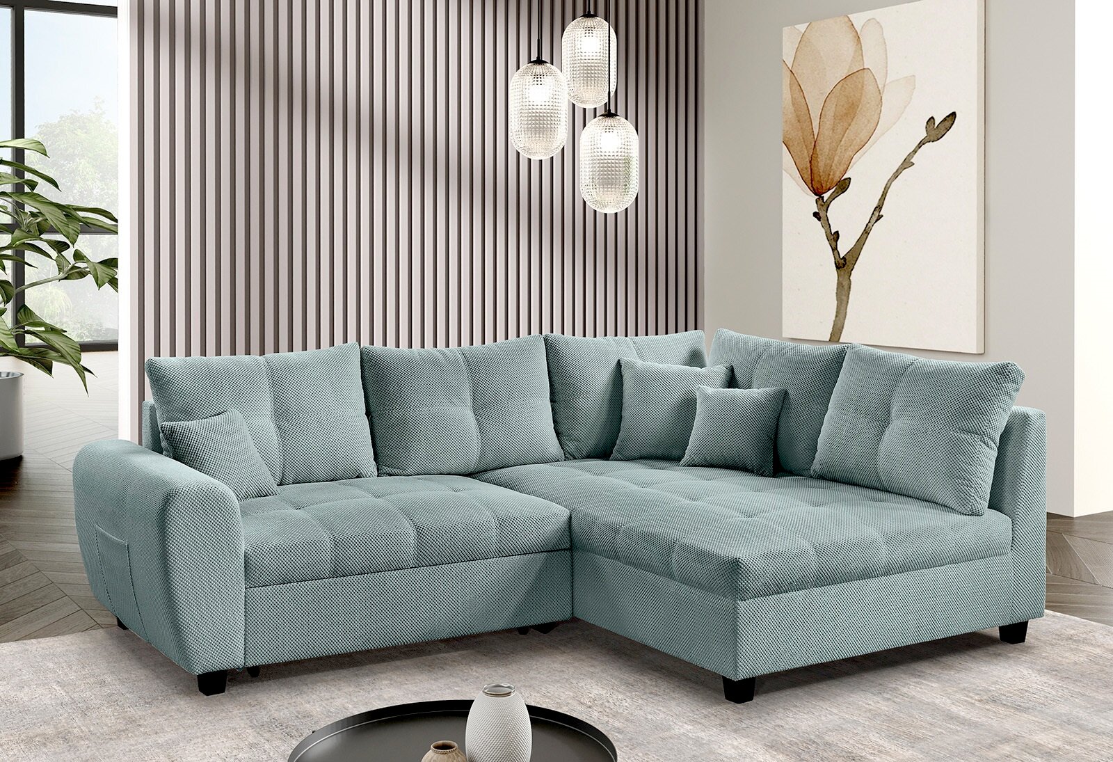 Moderne hellblaue Rundecke in einem stilvollen Wohnzimmer, seitliche Perspektive