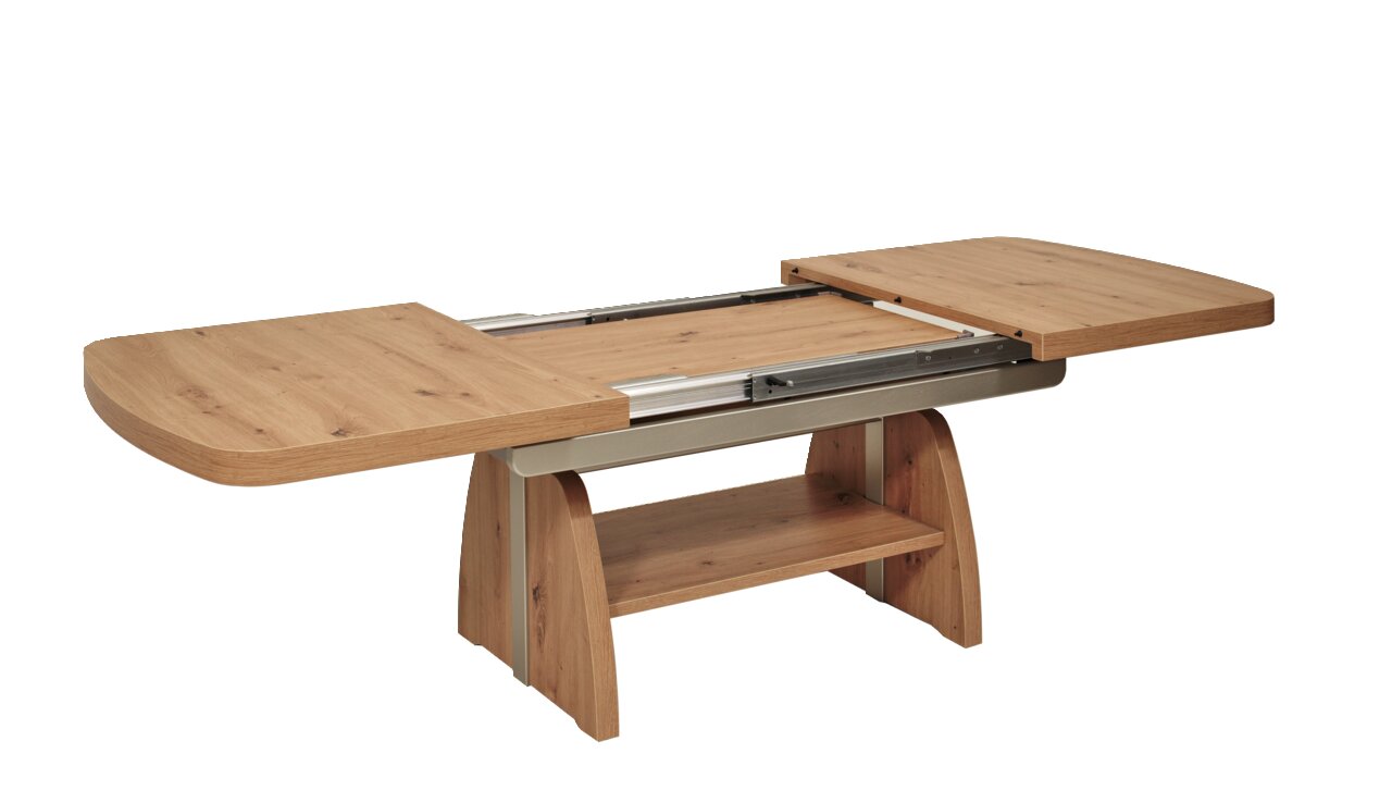 Erweiterbarer Couchtisch aus Holz in heller Eichenoptik, seitliche Perspektive