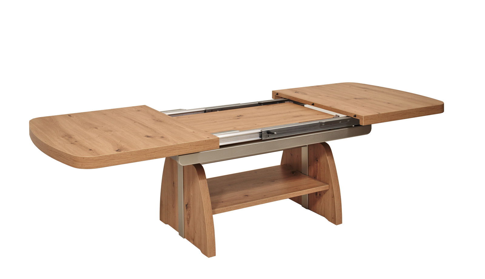 Erweiterbarer Couchtisch aus Holz in heller Eichenoptik, seitliche Perspektive