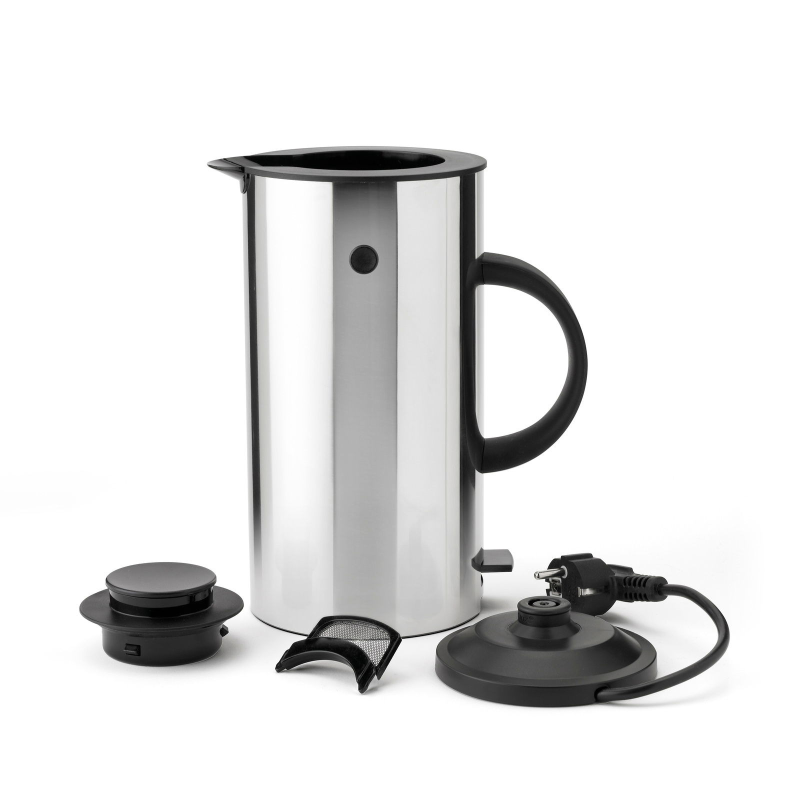 EM77 Wasserkocher 1,5L aus Edelstahl, frontal mit abgenommenem Deckel und Basis.