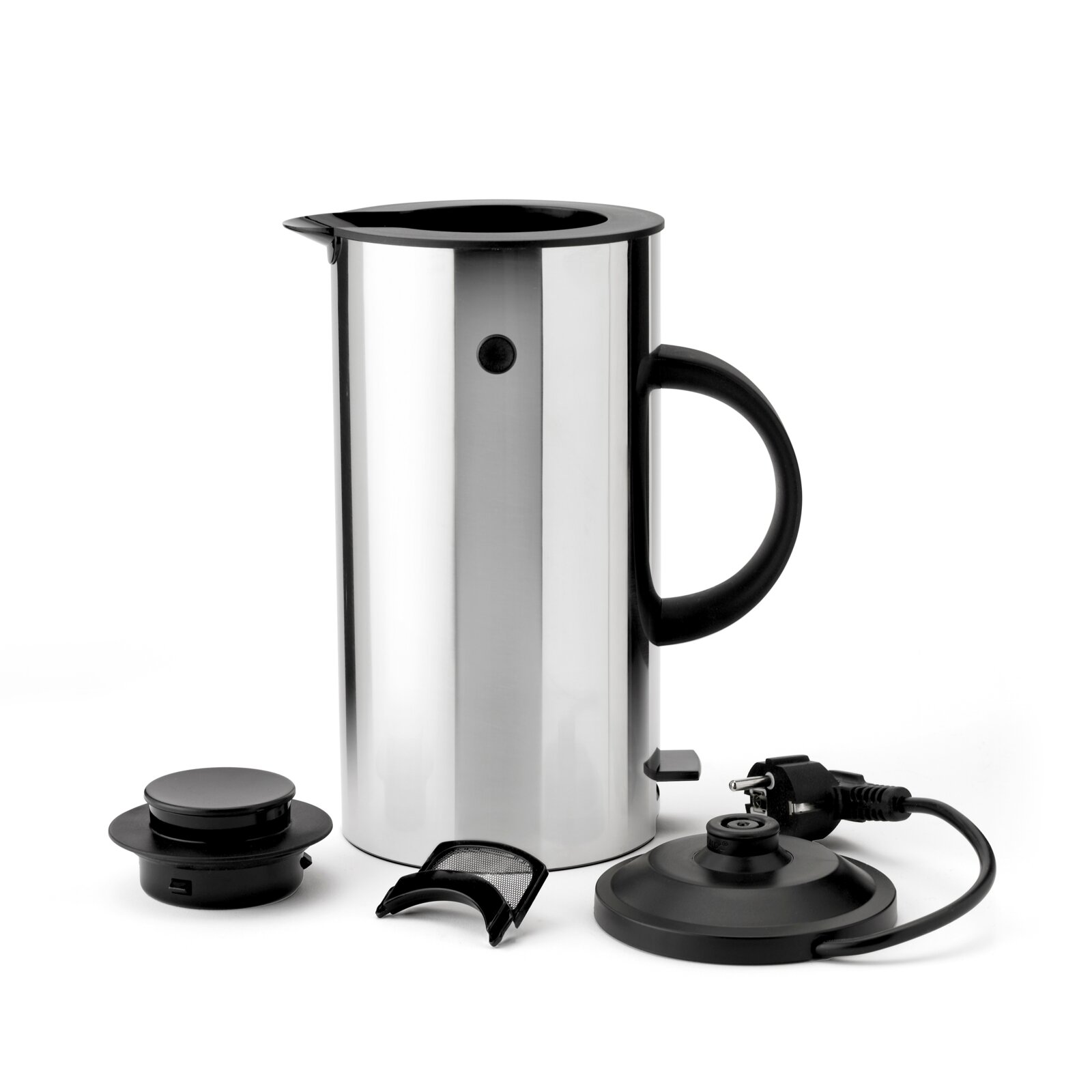 EM77 Wasserkocher 1,5L aus Edelstahl, frontal mit abgenommenem Deckel und Basis.
