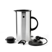 EM77 Wasserkocher 1,5L aus Edelstahl, frontal mit abgenommenem Deckel und Basis.