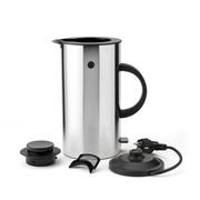 EM77 Wasserkocher 1,5L aus Edelstahl, frontal mit abgenommenem Deckel und Basis.