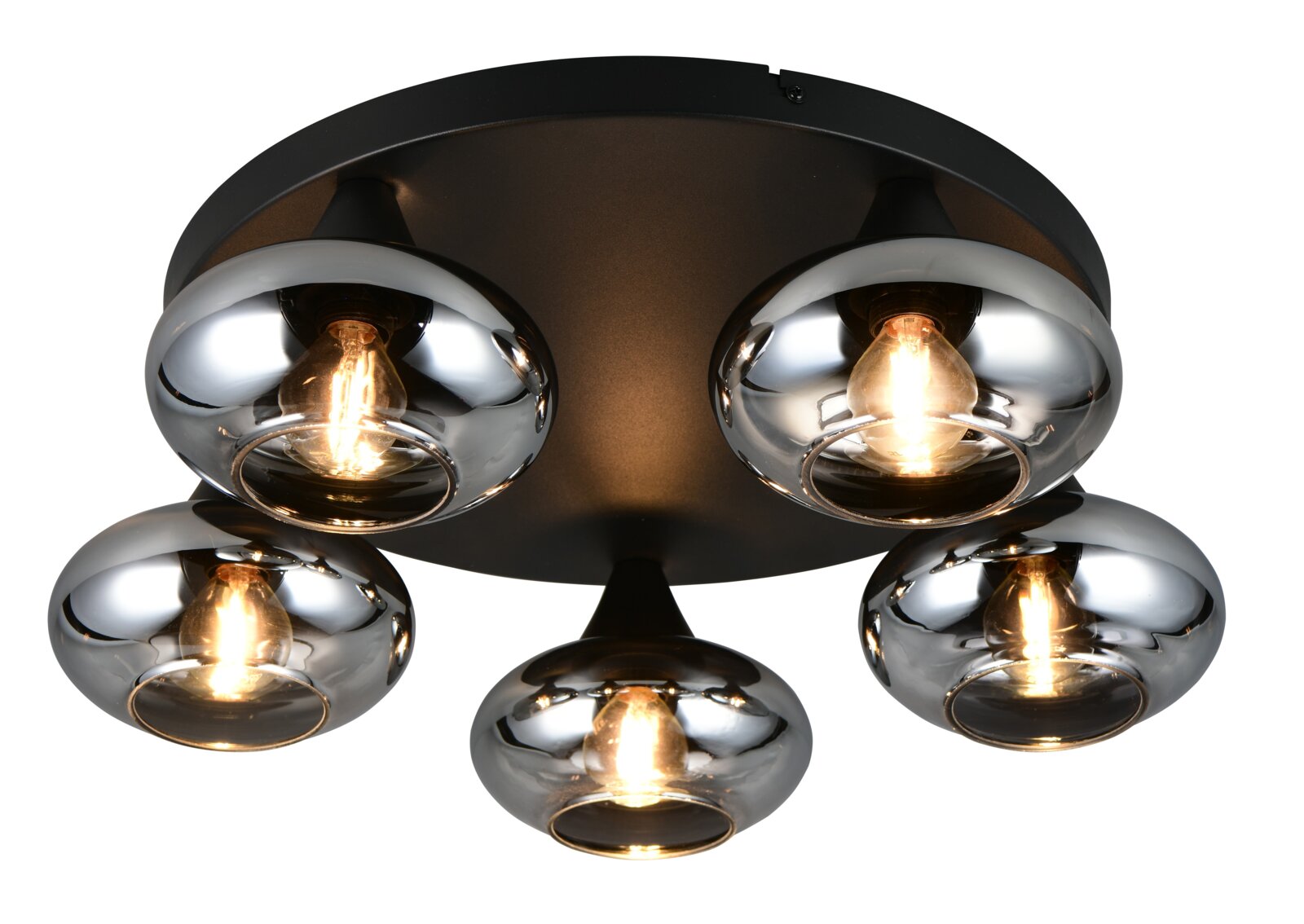 Moderne plafondlamp met vijf glanzende, bolvormige metalen lampenkappen, gezien van onderaf.