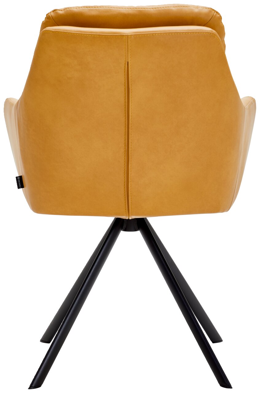 Achterkant van een fauteuil met mosterdgele bekleding en zwarte metalen poten.