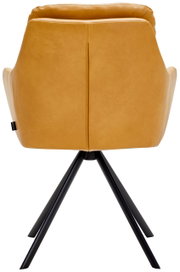 Achterkant van een fauteuil met mosterdgele bekleding en zwarte metalen poten.