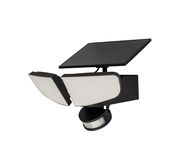 Solar-LED-Außenleuchte mit zwei verstellbaren Leuchtflächen und Solarpanel, seitliche Perspektive