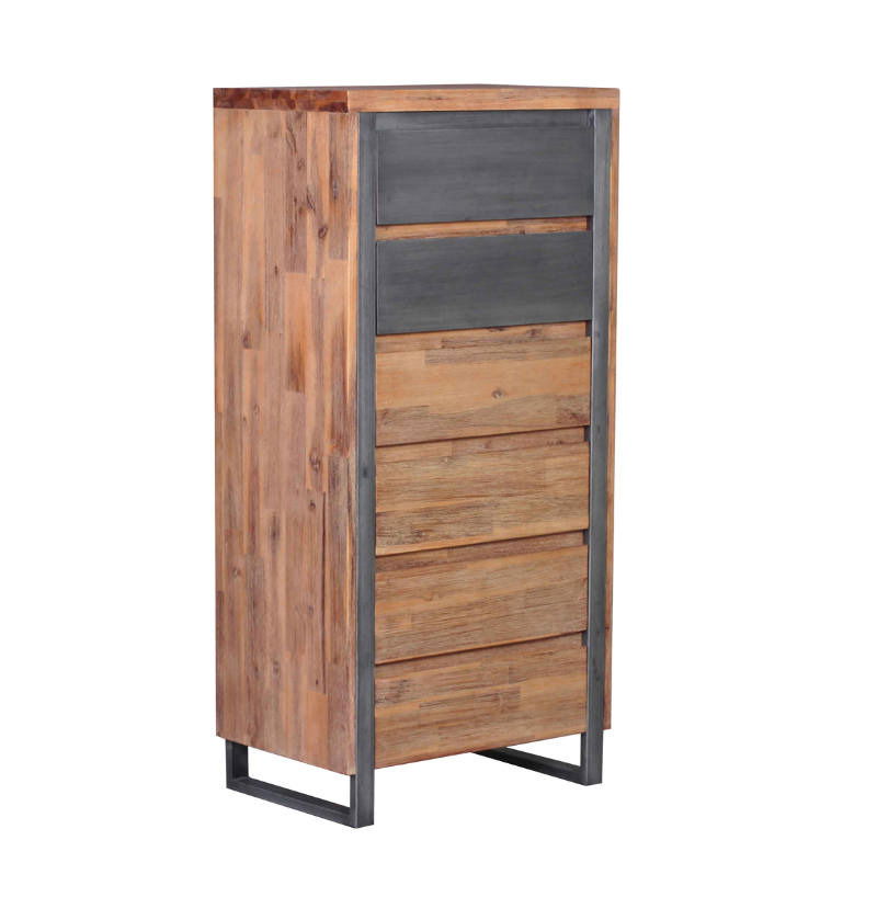 Hohes Highboard aus Holz mit fünf Schubladen und Metallrahmen, seitliche Perspektive