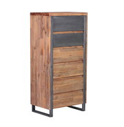 Hohes Highboard aus Holz mit fünf Schubladen und Metallrahmen, seitliche Perspektive