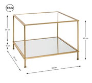 Quadratischer Beistelltisch aus goldfarbenem Metall mit Glasplatte und Glas-Ablage, 60 x 60 cm, Höhe 45 cm, schräg von vorne fotografiert