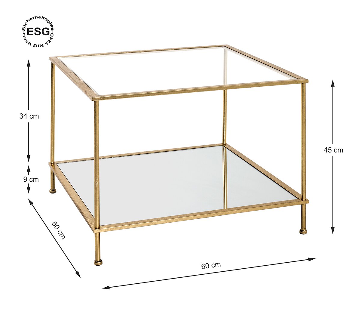 Zurbrüggen Beistelltisch Quadratischer Beistelltisch aus goldfarbenem Metall mit Glasplatte und Glas-Ablage, 60 x 60 cm, Höhe 45 cm, schräg von vorne fotografiert