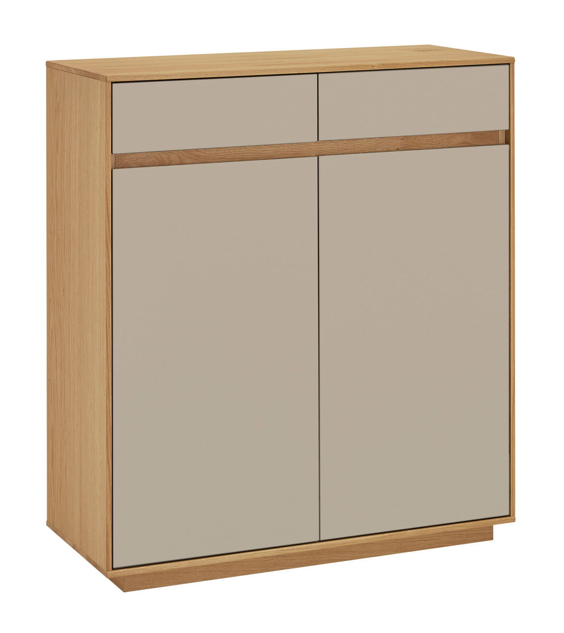 Kommode aus Holz mit zwei Schubladen und zwei Türen, seitliche Perspektive