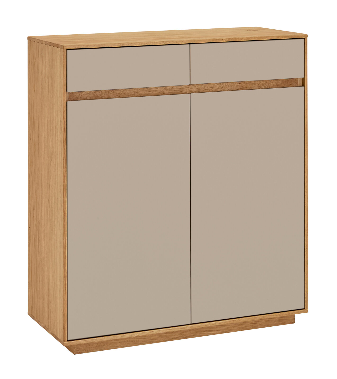 Kommode aus Holz mit zwei Schubladen und zwei Türen, seitliche Perspektive