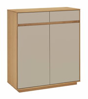 Kommode aus Holz mit zwei Schubladen und zwei Türen, seitliche Perspektive
