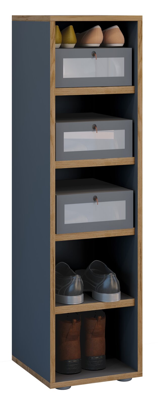 Schmaler Schuhschrank in Blau mit Holzrahmen, offenen Regalböden und drei grauen Schubladen mit Sichtfenster, befüllt mit Schuhen, dargestellt in frontaler Perspektive.