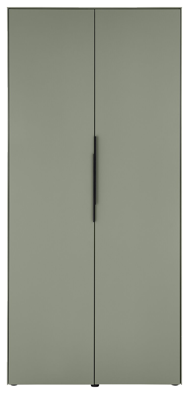 Minimalistischer zweitüriger Schrank in mattem Olivgrün mit schlankem schwarzem Griff, frontale Ansicht.