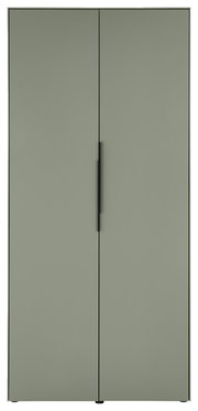 Minimalistischer zweitüriger Schrank in mattem Olivgrün mit schlankem schwarzem Griff, frontale Ansicht.