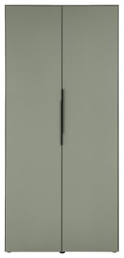Minimalistischer zweitüriger Schrank in mattem Olivgrün mit schlankem schwarzem Griff, frontale Ansicht.