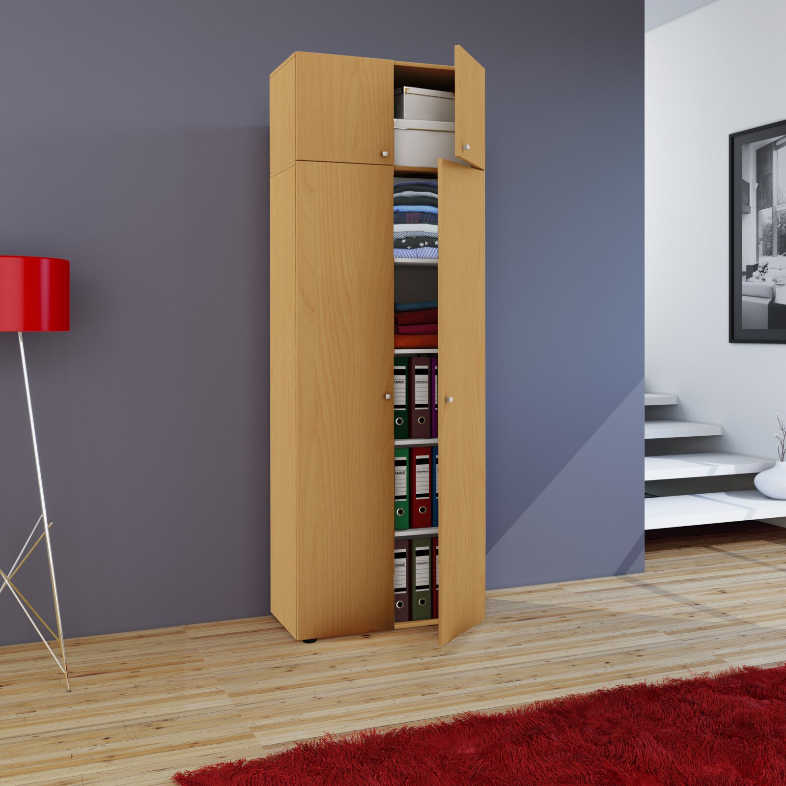 VCM Mehrzweckschrank VANDOL Hoher, schmaler Mehrzweckschrank in heller Holzoptik mit geöffneten Türen und sichtbaren Regalböden mit Ordnern, Textilien und Boxen, frontal in leichter Schrägansicht von links im Wohnraum