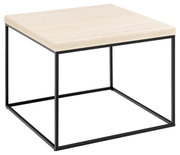 Moderner Couchtisch mit hellem Holz und schwarzem Metallgestell, seitliche Perspektive