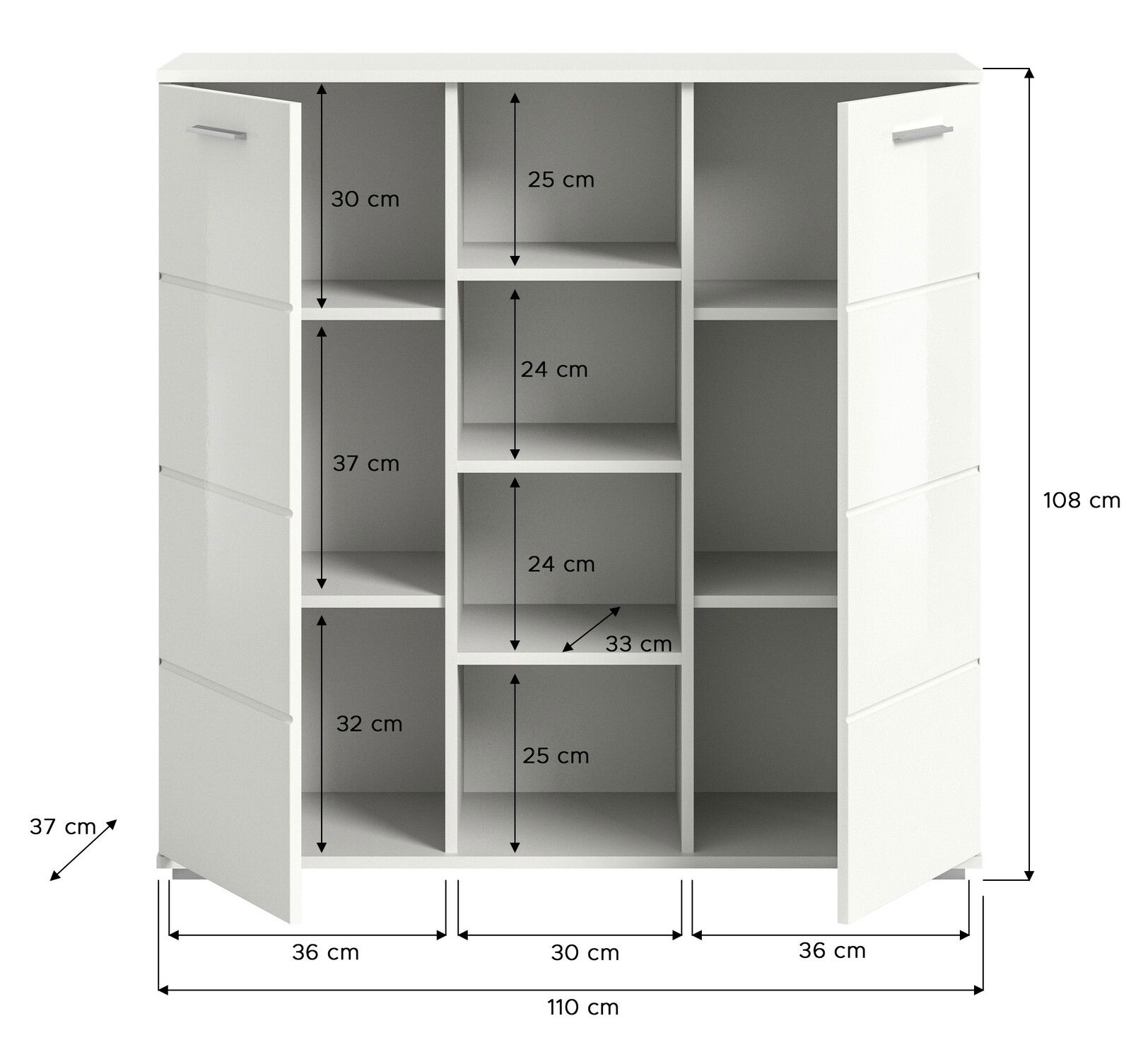 Weiße Garderobenkombination mit offenen Fächern und zwei Türen, frontal abgebildet. Maße: 110 cm Breite, 108 cm Höhe, 37 cm Tiefe.