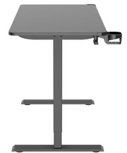 Seitenansicht eines E-Gaming Tisches mit Becherhalterung, schlichtes Design in dunkler Farbe.