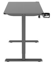 Seitenansicht eines E-Gaming Tisches mit Becherhalterung, schlichtes Design in dunkler Farbe.